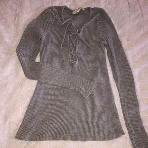 Urban Outfitters Project Social long sleeve grey ribbed tee, lace up front